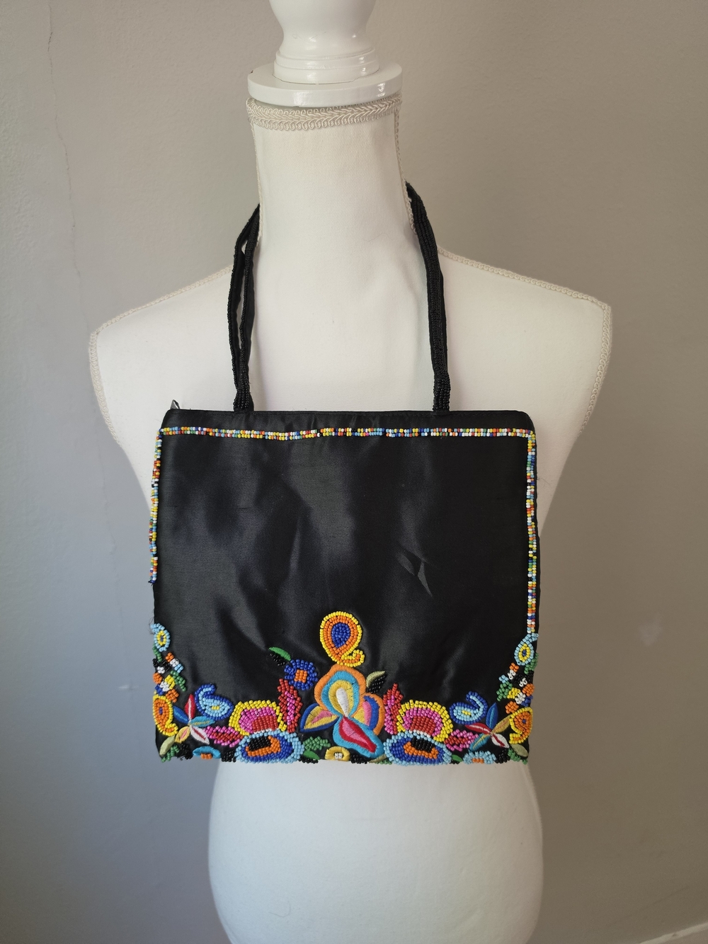 Hand‑Beaded Black Floral Bag